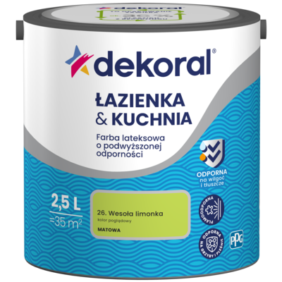 Farba lateksowa o podwyższonej odporności ŁAZIENKA  KUCHNIA Wesoła limonka 2,5 l Dekoral