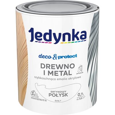Farba akrylowa Jedynka DecoProtect Drewno i Metal Satynowy Połysk Biały 0,7 l