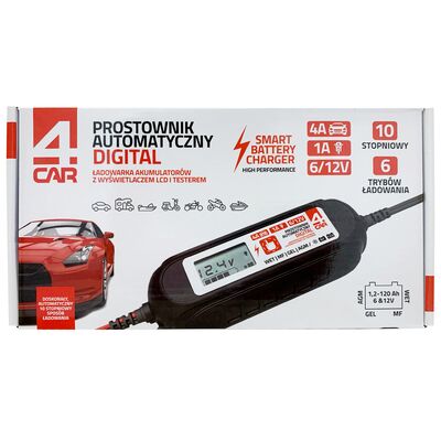 Prostownik automatyczny (10 stopniowy) 6/12V 4A DIGITAL z testerem 4Car